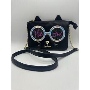 Betsey Johnson Luv Betsey Black Cat Meow Crossbody Bag Chain Strap Good Used